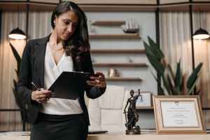 Woman in suit looks at clipboard in law office